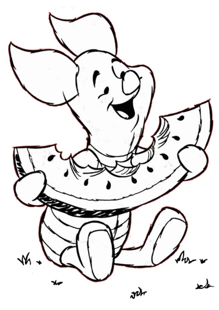 Download Simple and Easy Summer Coloring Pages Winnie Pooh Piglet with Watermelon - Print Color Craft