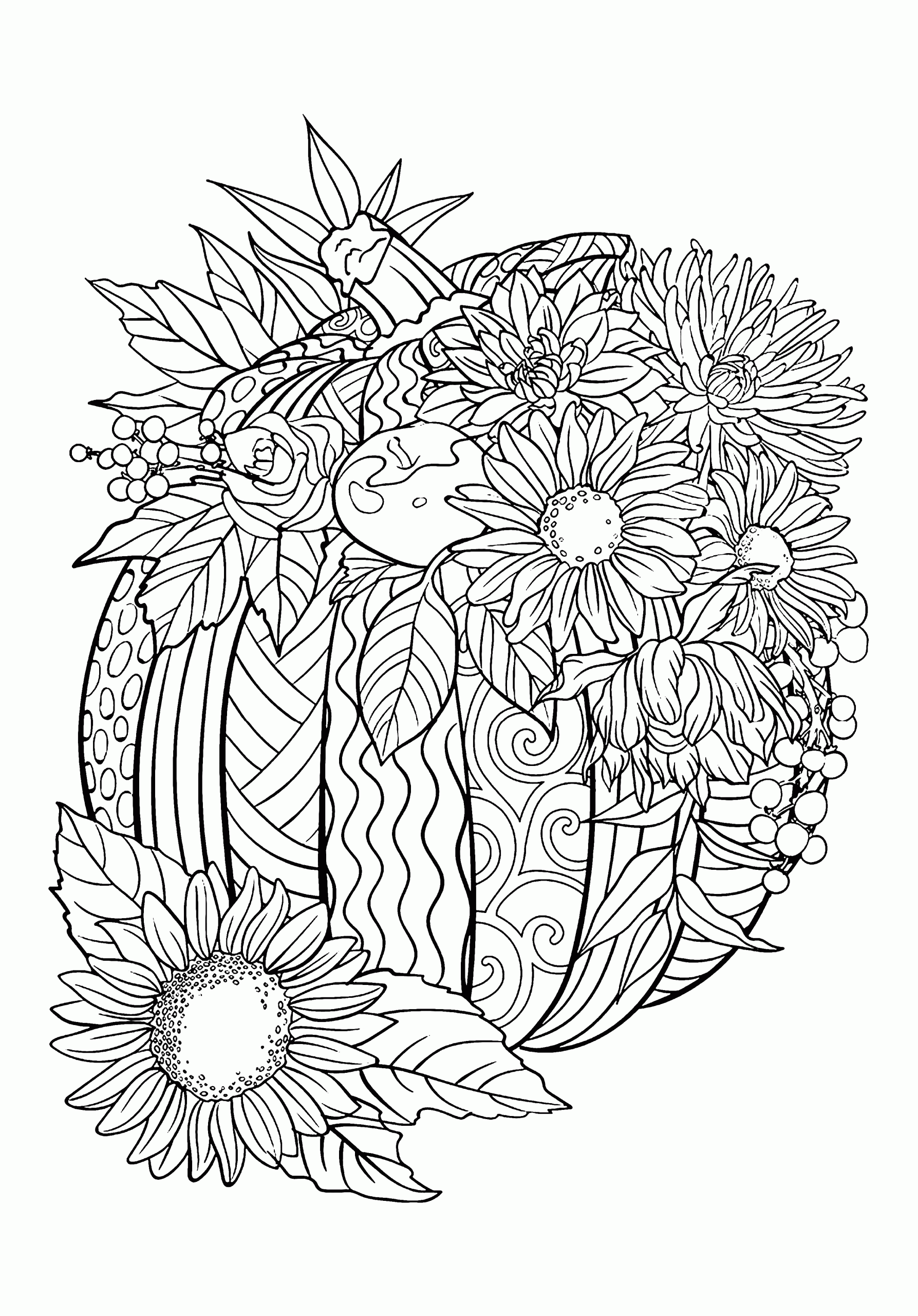 Beautiful Fall Pumpkin and Sunflower Coloring Pages for Adults