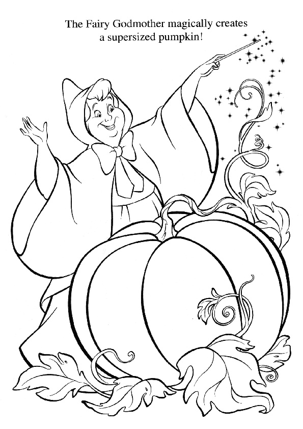 Fairy Godmother Turns a Huge Pumpkin into a Royal Chariot for Cinderella Printable Coloring Pages