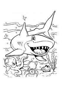 Funny Octopus Crab and Shark Fish Coloring Pages
