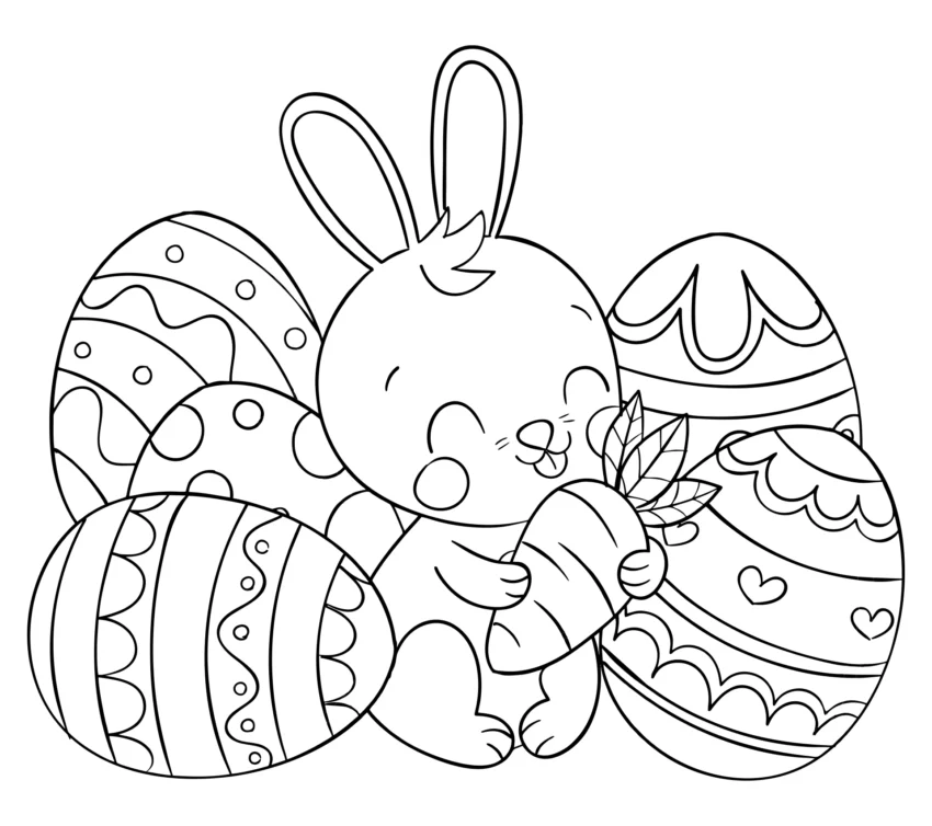 Cute Bunny With Easter Eggs Basket Coloring Page