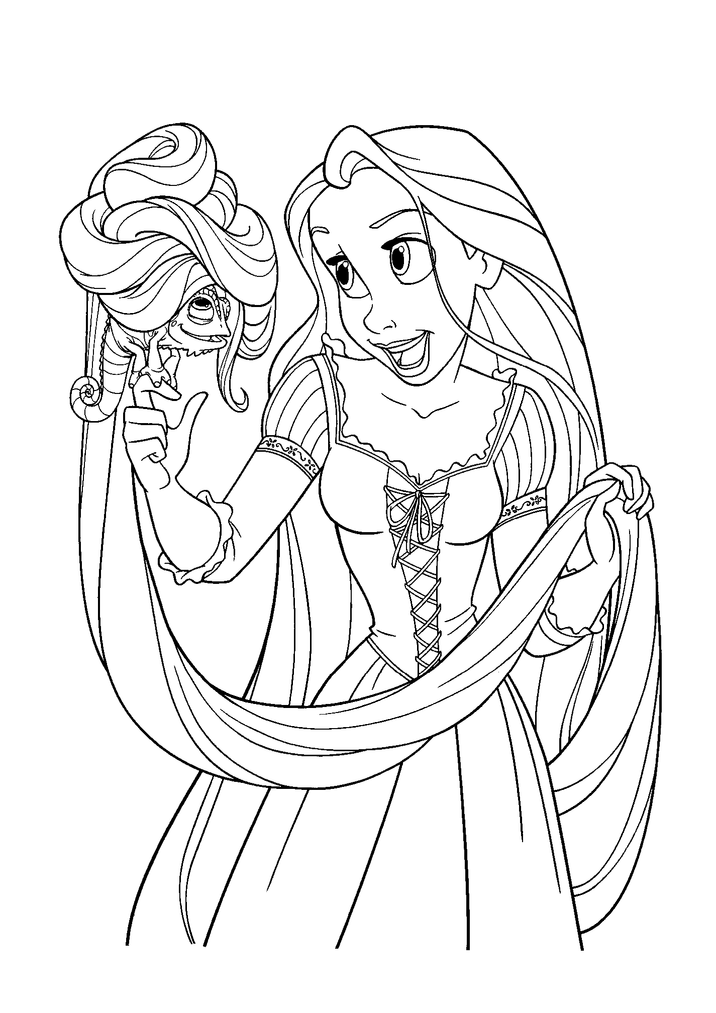 Printable Tangled Coloring Page of Princess Rapunzel Playing with her and Pascal the Chameleon