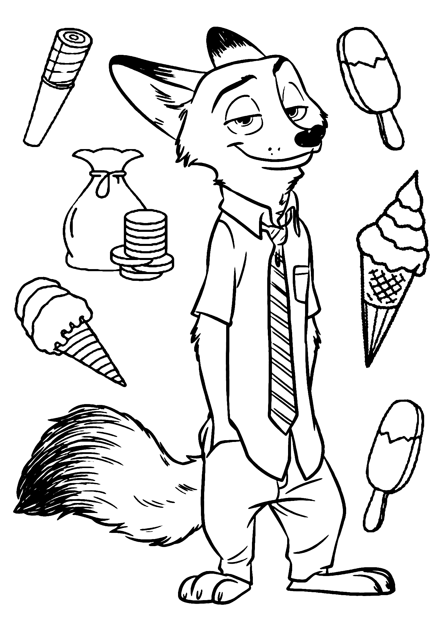 Nick Wilde Fox With Ice Cream and Popsicles Zootopia Coloring Pages