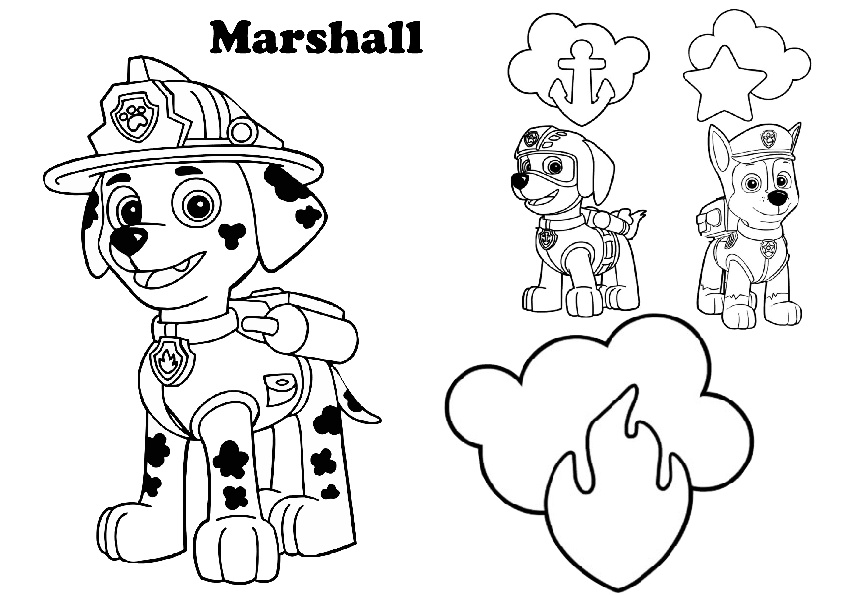Paw Patrol Marshall Firefighter Pup with Zuma and Chase Coloring Pages for Kids