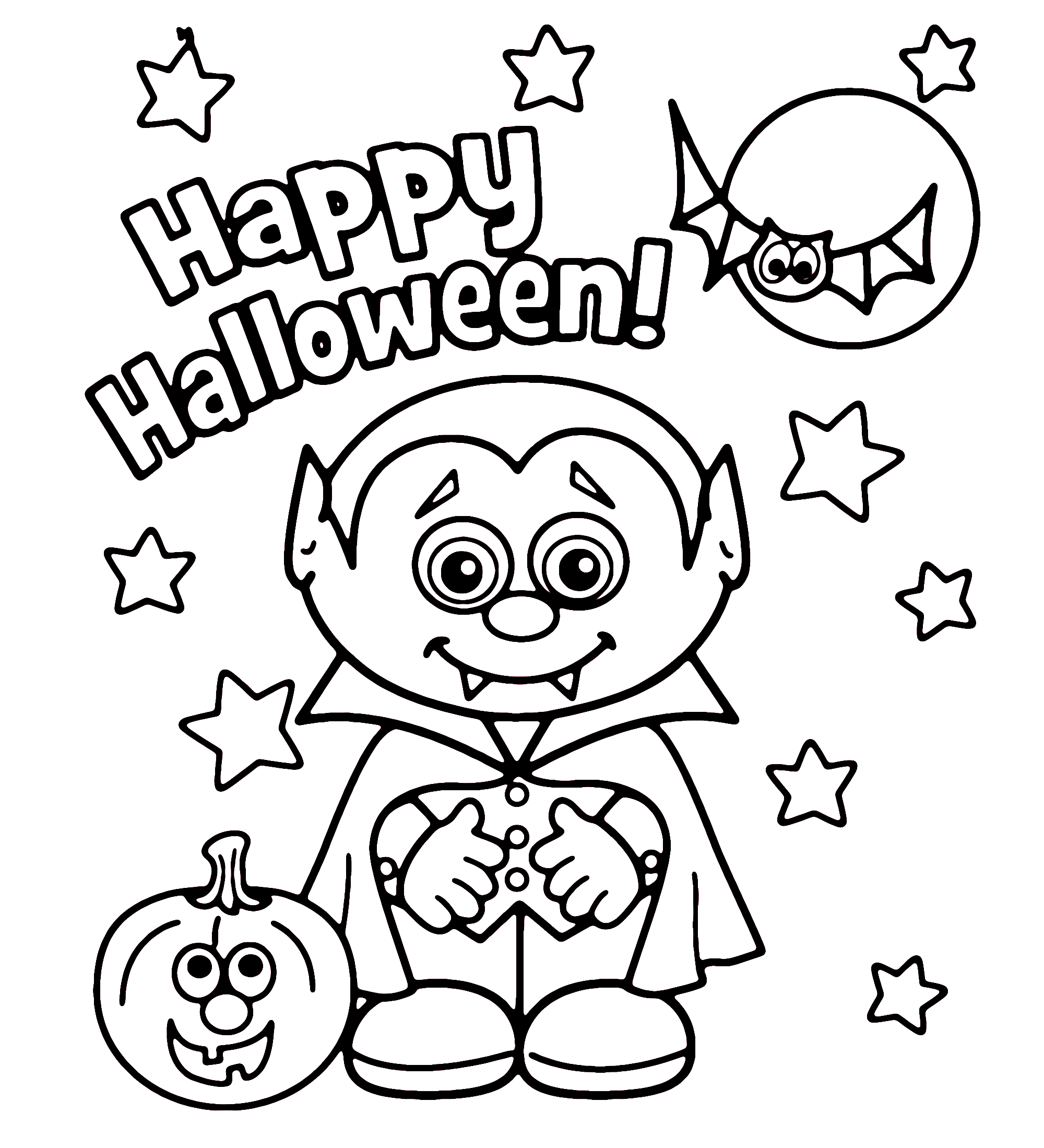 Coloring Page for Happy Halloween Cute Vampire with Bats and Pumpkin