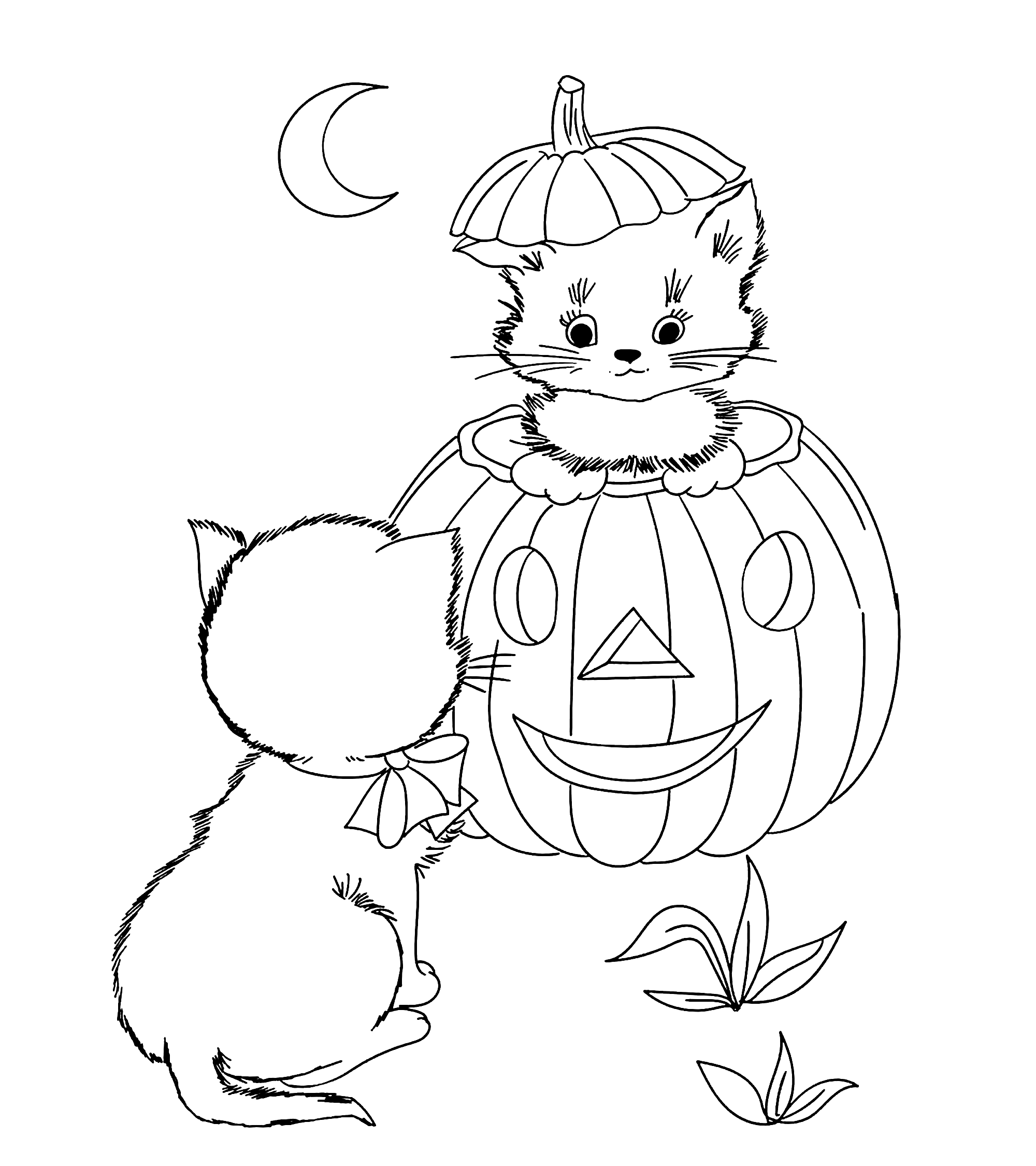 Coloring Page of Cute Little Kittens in Carved Pumpkin for Halloween