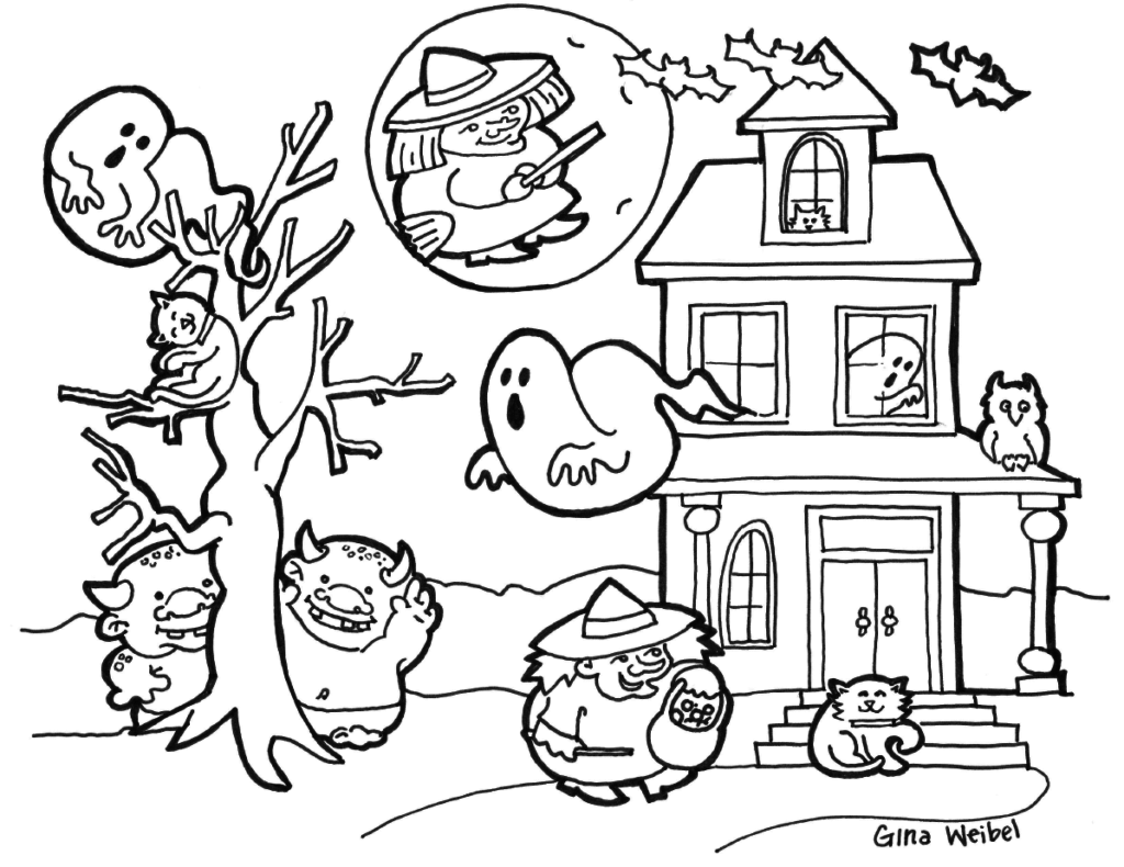 Cute and Spooky Haunted House Boo Weird Witch Ghostly and Creepy Monster to Color for this Halloween