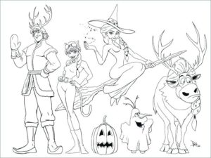 Frozen Anna Elsa Kristoff Olaf Halloween Coloring Page