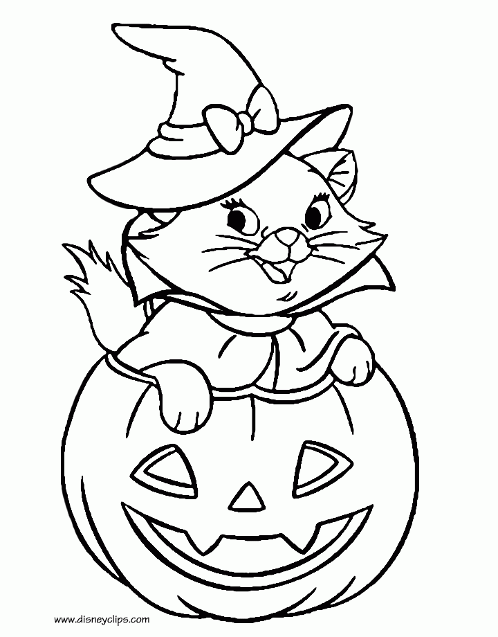 Disney Halloween Coloring Pages Cat with Witch Hat in Pumpkin