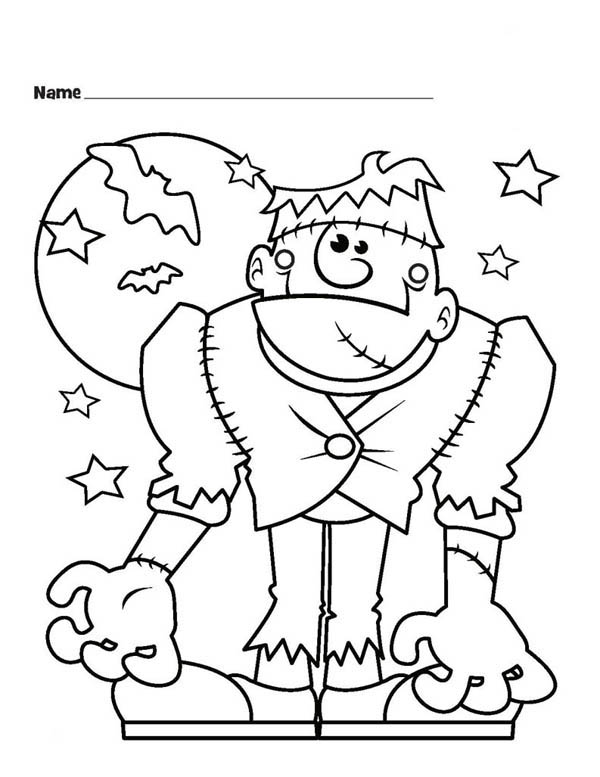 Frankenstein with Bats Halloween Coloring - Print Color Craft