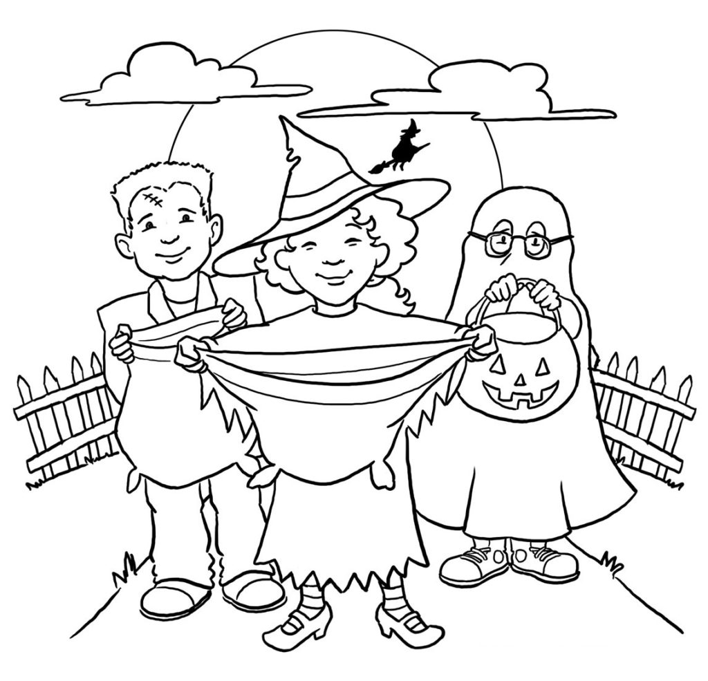 Kids in Halloween Costumes waiting for Trick or Treats Pages to Color on Halloween